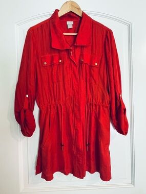 CHICO'S Satin Utility Longline 3/4 Sleeve Rich Paprika Red Jacket 0